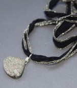Black And Silver Silk Necklace With Drusy Pendant