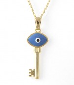 Gold Tone Evil Eye Key Necklace With Blue Evil Eye