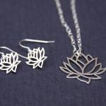 Silver Lotus Flower Necklace And Earrings Set